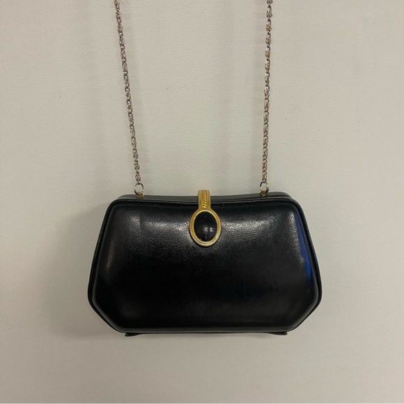 Vintage Farnell Paris Clutch Evening‎ Crossbody Bag Black Gold 1980s Solid Purse - Picture 5 of 8